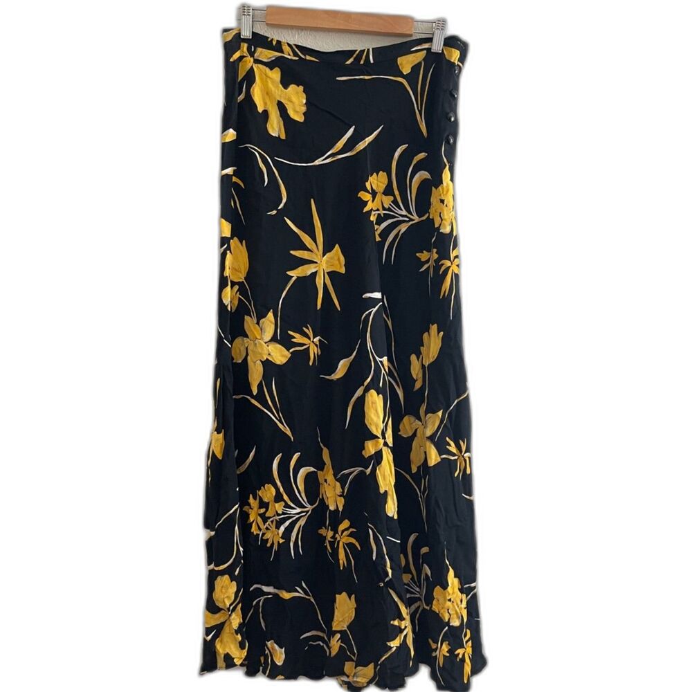 Vtg Cache Long Trumpet Style Skirt Size 10 Black w/ Yellow Florals Made in USA *